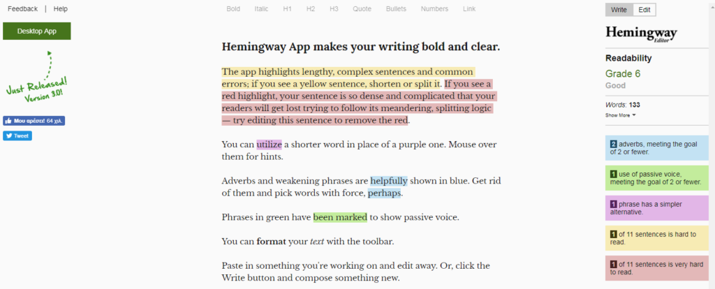 hemingway editor start screen